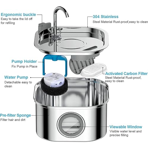 Foliam® Cat Water Fountain - 3.2L/108oz Stainless Steel Pet Water Drinking Fountain for Cats Indoor, Dog Water Fountain with Water Level Window (Steel, Square 3L-1) - Image 3