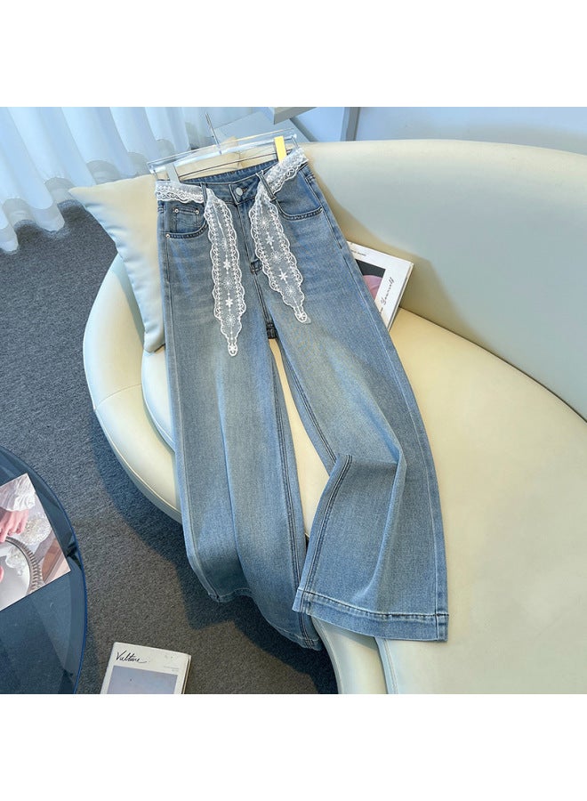 Spring And Summer Fashion Lace Belt Loose Slimming Small Stretch Wide Leg Straight Jeans For Women 