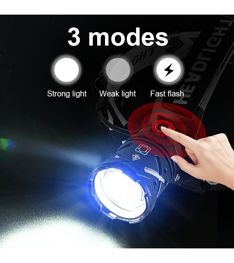 مصباح أمامي LED قابل للشحن من نوع Type C، بدون بطارية، مع ثلاث إعدادات إضاءة، مناسب للعمل والتخييم والصيد وصيد الأسماك وفي الهواء الطلق. - Image 5