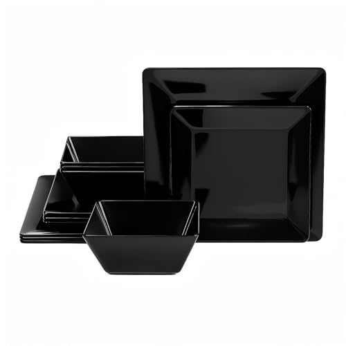 TP 12-Piece Dinnerware Set, Melamine Dishes Set with Bowls and Plates, Non-breakable and Lightweight Square Dinner Set for 4, Black - Image 1