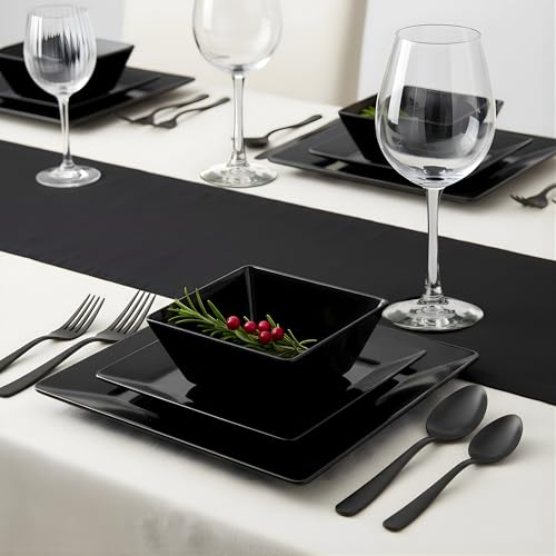 TP 12-Piece Dinnerware Set, Melamine Dishes Set with Bowls and Plates, Non-breakable and Lightweight Square Dinner Set for 4, Black - Image 4