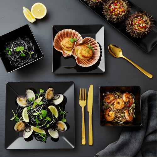 TP 12-Piece Dinnerware Set, Melamine Dishes Set with Bowls and Plates, Non-breakable and Lightweight Square Dinner Set for 4, Black - Image 3