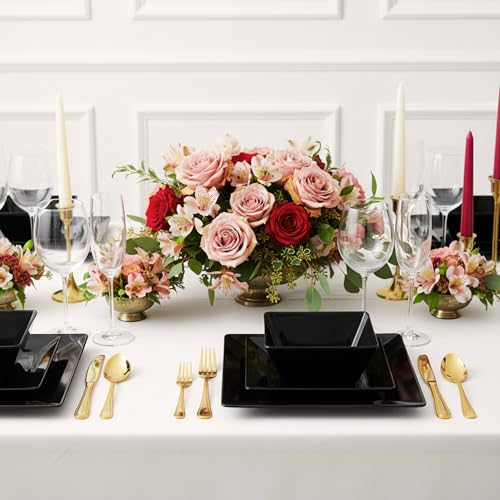 TP 12-Piece Dinnerware Set, Melamine Dishes Set with Bowls and Plates, Non-breakable and Lightweight Square Dinner Set for 4, Black - Image 5