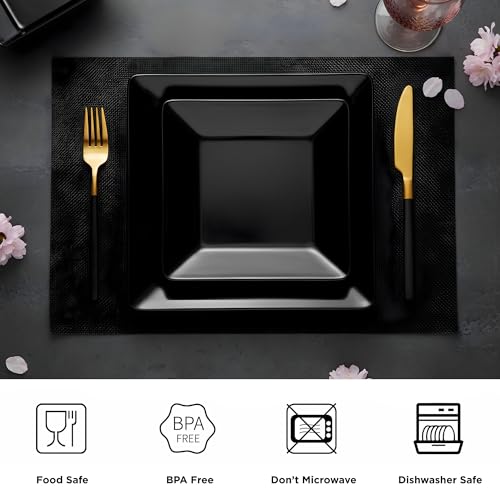 TP 12-Piece Dinnerware Set, Melamine Dishes Set with Bowls and Plates, Non-breakable and Lightweight Square Dinner Set for 4, Black - Image 2