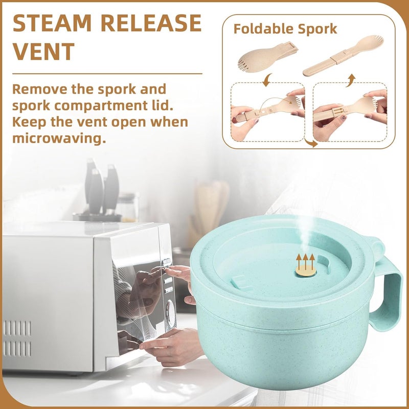Maxdot 4 Pcs Microwave Ramen Bowl Microwavable Instant Soup Cups with Lids Large Soup Bowls with Handles Dishwasher Safe Mug for Cereal Food ContainerGreen Wheat Color - Image 3