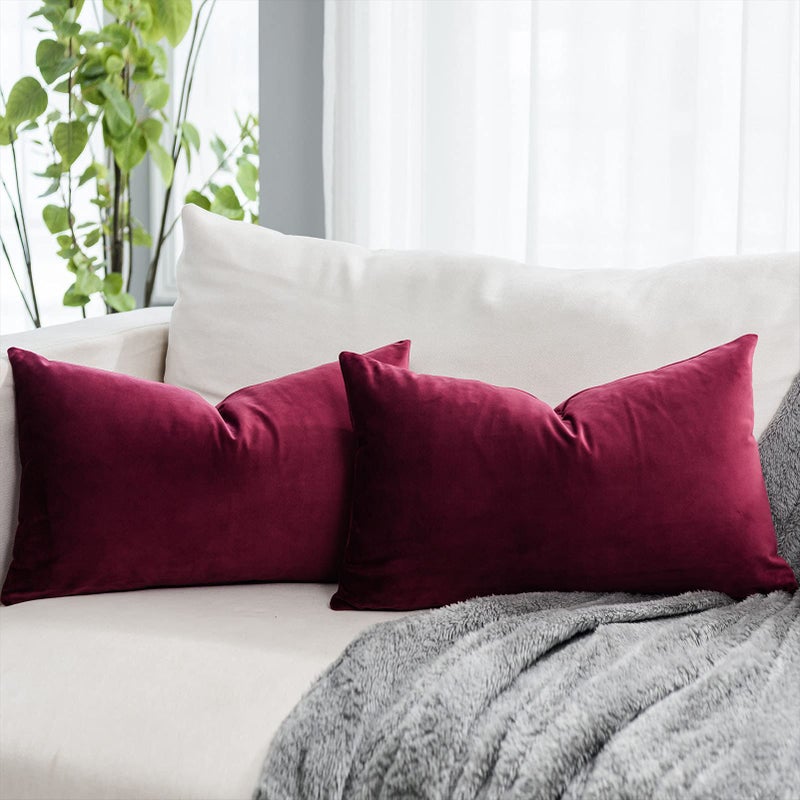QUAFOO Burgundy Christmas Decorative Lumbar Velvet Throw Pillow Covers 12x20 inch Set of 2 with Zipper Luxury Soft Solid Rectangle Cushion Covers Case for Sofa Couch Bed Living Room