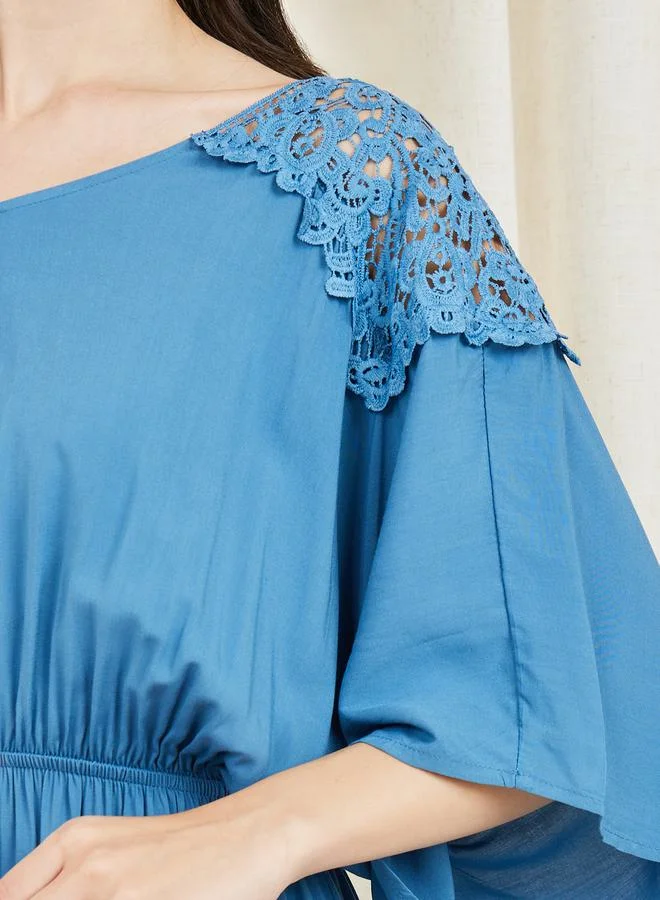 Styli Lace Shoulder Detail Asymmetric Hem Midi Dress