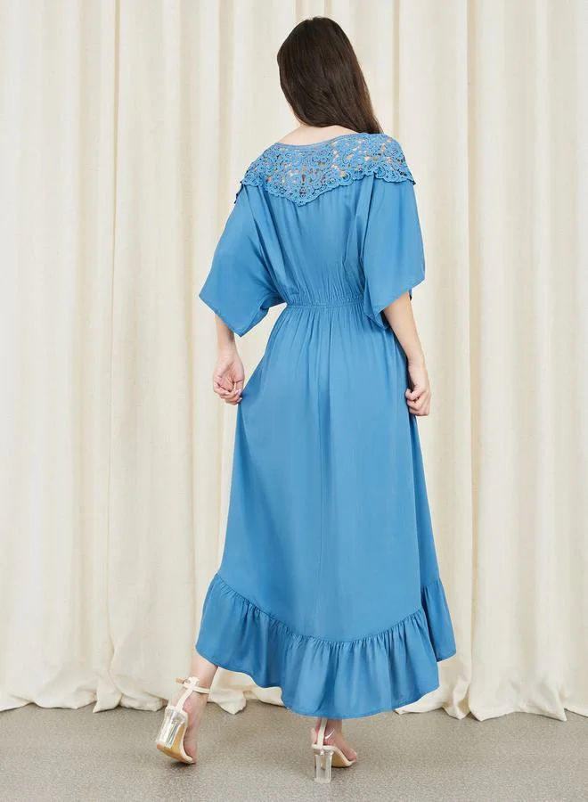 Styli Lace Shoulder Detail Asymmetric Hem Midi Dress