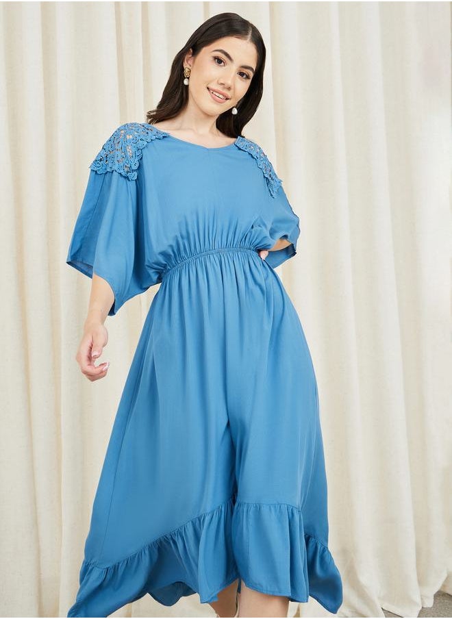 Styli - Lace Shoulder Detail Asymmetric Hem Midi Dress - Image 1