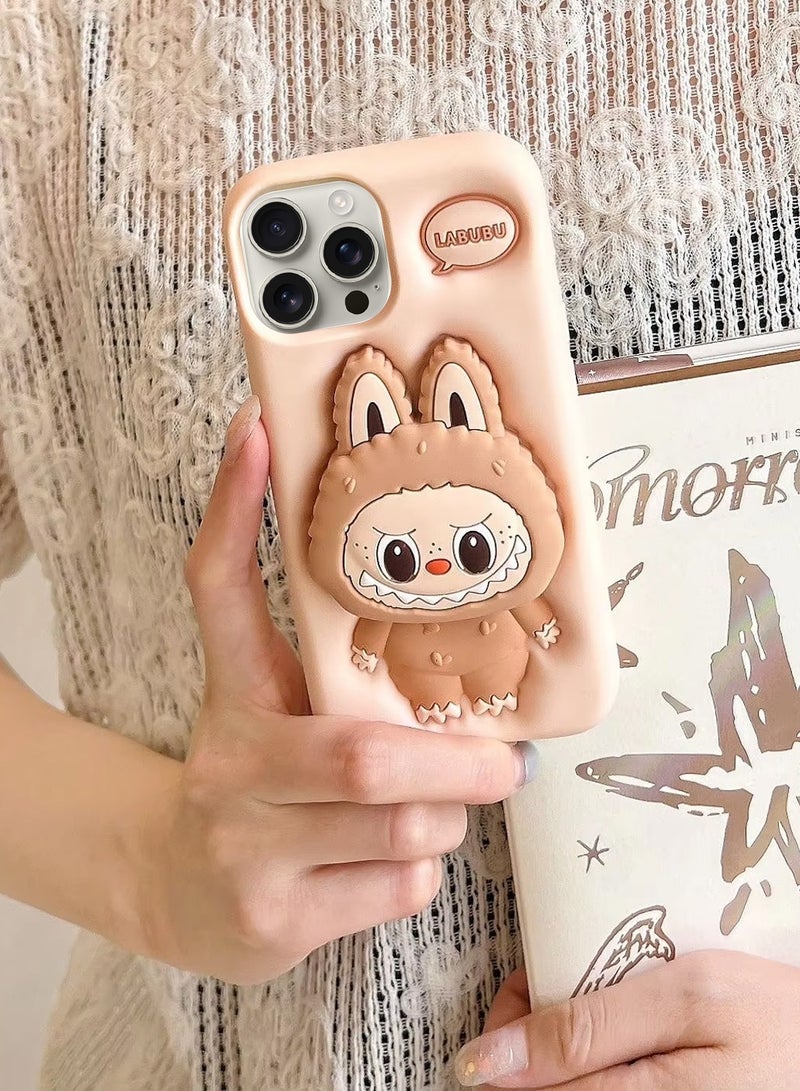 Wtech Apple iPhone 16 Pro 5G 2024 3D Labubu Cartoon Pop Case, Premium Soft Liquid Jelly Silicone Case with Phone Holder Cool Full Protective Cute Aesthetic Case Cover - Tan - Image 4