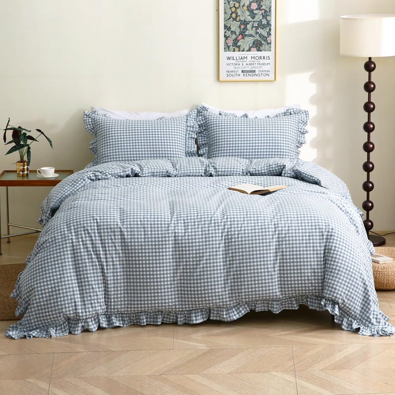 Silnuo Light BlueWhite Plaid Ruffle Duvet Cover King Size100 Washed Cotton 3 Pieces Shabby Checkered Chic Gingham Bedding Set Comforter Cover Set