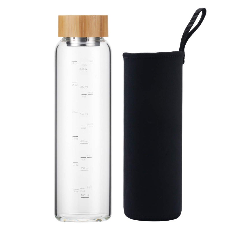 sunkey Glass Water Bottle 32 oz Wide Mouth with Sleeve Bamboo Lid Motivational Water Bottle With Time Marker Reusable Safe for Hot Cold Drinks Bpa Free (Black) - Image 1