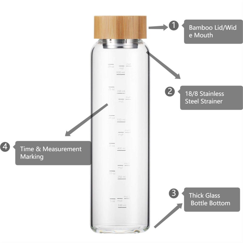 sunkey Glass Water Bottle 32 oz Wide Mouth with Sleeve Bamboo Lid Motivational Water Bottle With Time Marker Reusable Safe for Hot Cold Drinks Bpa Free (Black) - Image 3