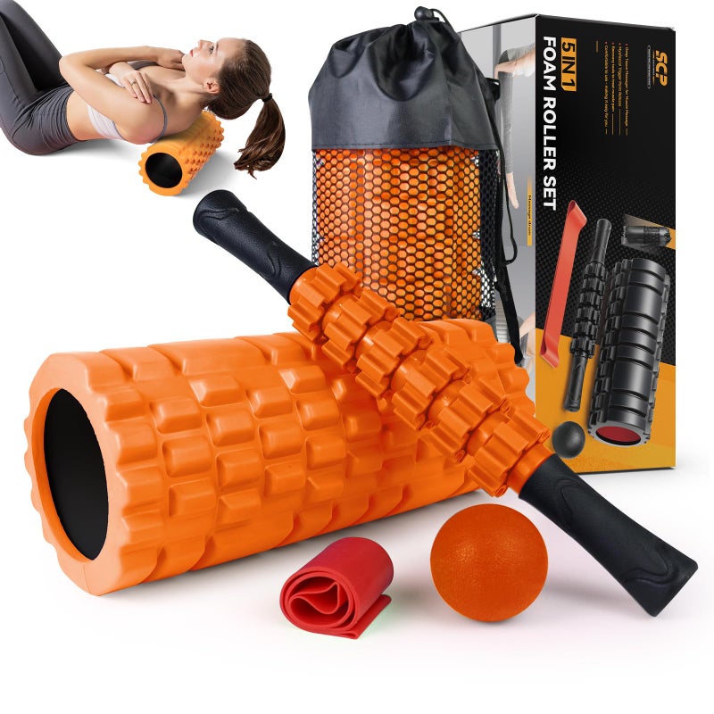 SUBCULTUREPICK 5 in1 Foam Roller Set Trigger Point Foam Roller Massage Roller Stick Massage Ball Resistance Band for Deep Muscle Massage Pilates YogaFitness Exercise for Whole Body OrangeBlack 