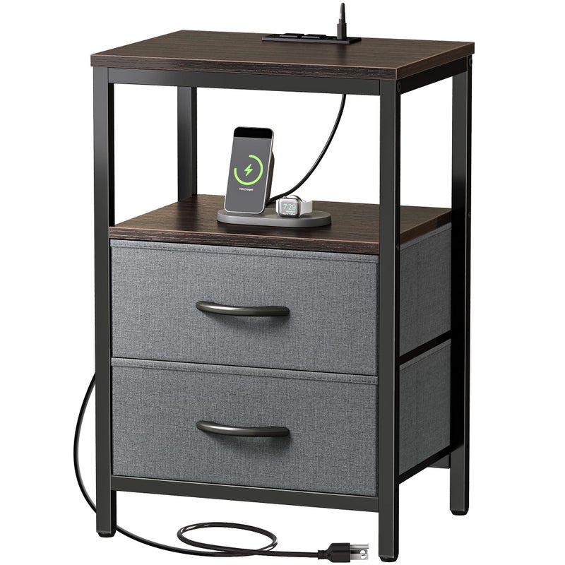 Huuger Nightstand with Charging Station, Fabric Drawers, End Table with Open Shelf, Bedside Table with USB Ports and Outlets, Night Stand for Bedroom, Walnut - Image 1