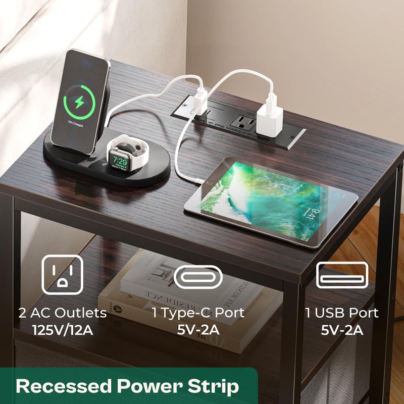 Huuger Nightstand with Charging Station, Fabric Drawers, End Table with Open Shelf, Bedside Table with USB Ports and Outlets, Night Stand for Bedroom, Walnut - Image 2