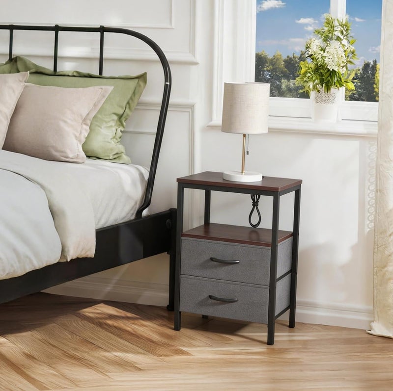 Huuger Nightstand with Charging Station, Fabric Drawers, End Table with Open Shelf, Bedside Table with USB Ports and Outlets, Night Stand for Bedroom, Walnut - Image 3