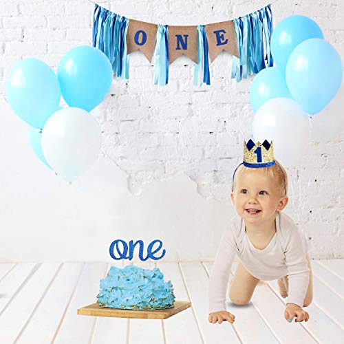 PartyHooman Baby 1st Birthday Boy Decorations with Crown - Baby Boy First Birthday Decorations High Chair Banner - Cake Smash Party Supplies - Happy Birthday ONE Burlap Banner, No.1 Gold and Blue Crown - Image 5