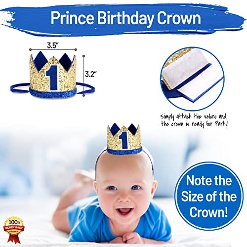 PartyHooman Baby 1st Birthday Boy Decorations with Crown - Baby Boy First Birthday Decorations High Chair Banner - Cake Smash Party Supplies - Happy Birthday ONE Burlap Banner, No.1 Gold and Blue Crown - Image 3