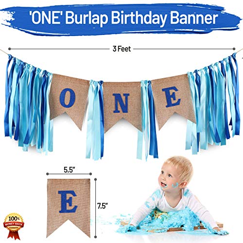 PartyHooman Baby 1st Birthday Boy Decorations with Crown - Baby Boy First Birthday Decorations High Chair Banner - Cake Smash Party Supplies - Happy Birthday ONE Burlap Banner, No.1 Gold and Blue Crown - Image 2
