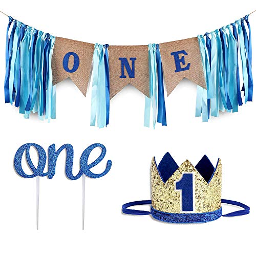 PartyHooman Baby 1st Birthday Boy Decorations with Crown - Baby Boy First Birthday Decorations High Chair Banner - Cake Smash Party Supplies - Happy Birthday ONE Burlap Banner, No.1 Gold and Blue Crown - Image 1