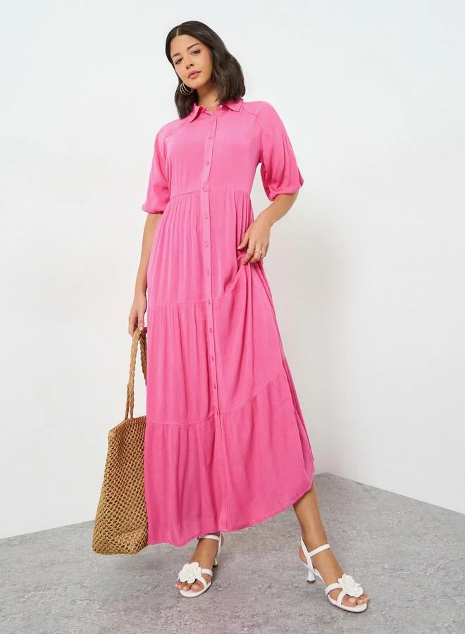 Pink Rayon Crepe Shirt Maxi Dress