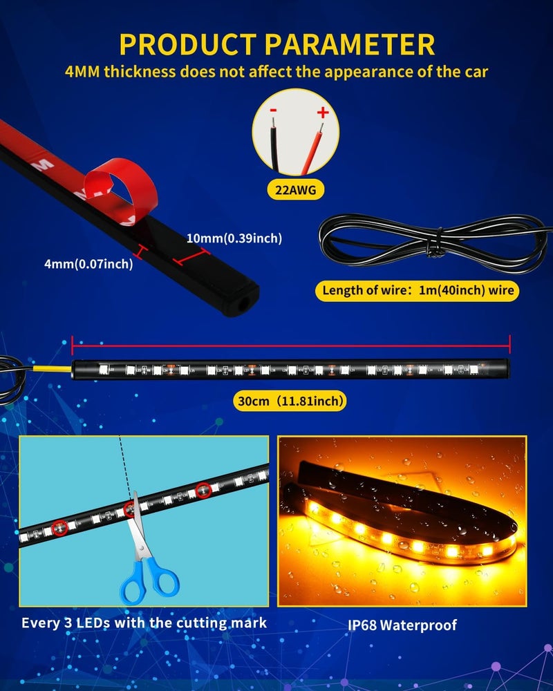 DUOFU365 Amber LED Strip Lights for Motorcycles and Cars - 30CM, 15 SMD, IP67 Waterproof, 6PCS - Image 4