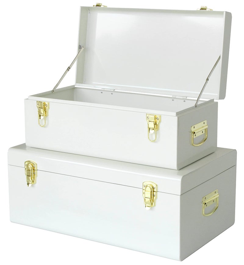 Vixdonos Metal Trunk Decorative Storage Box Set of 2 College Dorm Chest with Handle (White) - Image 1