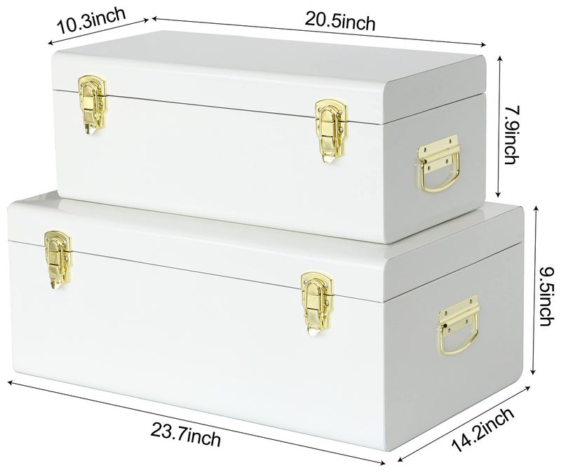 Vixdonos Metal Trunk Decorative Storage Box Set of 2 College Dorm Chest with Handle (White) - Image 2