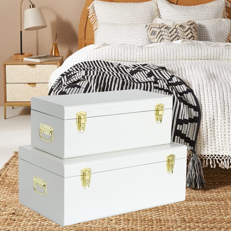 Vixdonos Metal Trunk Decorative Storage Box Set of 2 College Dorm Chest with Handle (White) - Image 4