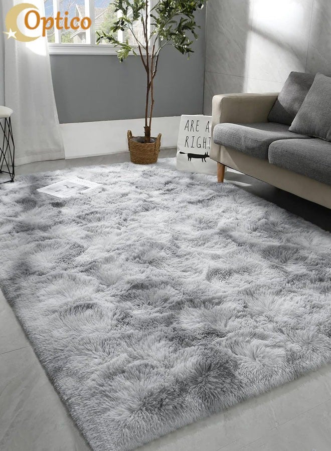 Optico Area Rug for Living Room, Tie-Dyed Light Grey Soft Fuzzy Plush Indoor Carpets for Bedroom, Non Skid Fluffy Faux Fur Rug for Room Anti-Slip Fluffy Rugs Fuzzy Furry Plush Rugs for Kids Girls Room Decor, Tie-Dyed Light Grey - Image 1