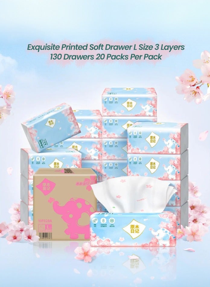 MODI Soft Facial Tissues – 3 Ply, 130 Sheets x 20 Packs – Baby Safe, Flower Print, Skin-Friendly, 100% Virgin Wood Pulp  - Image 1