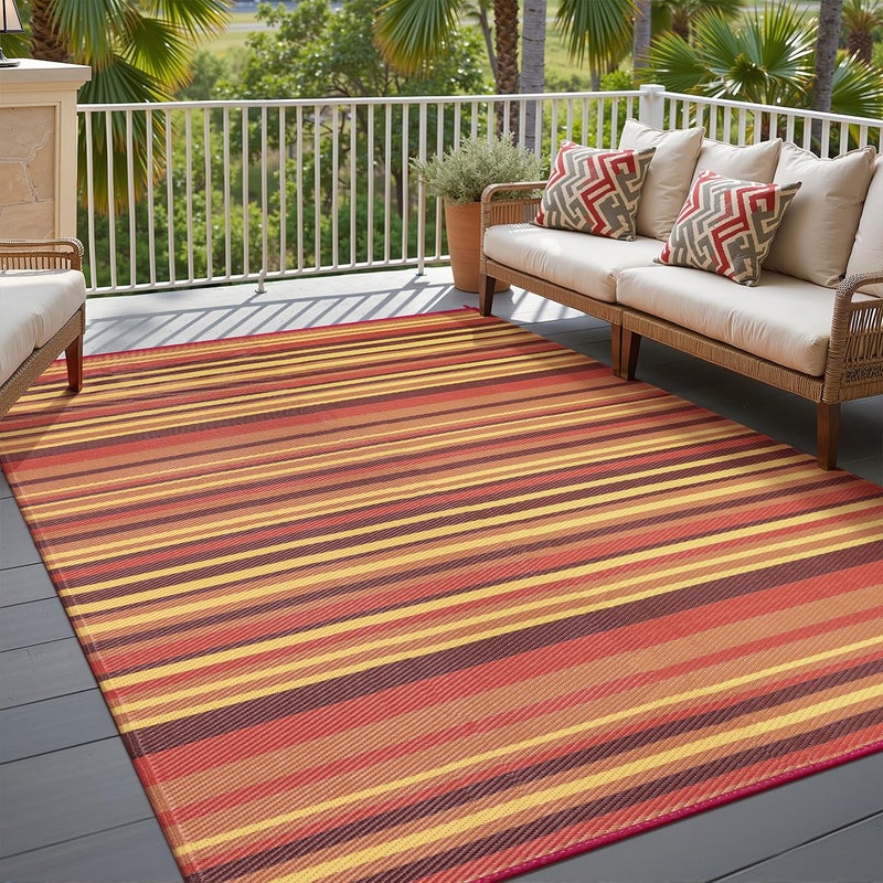 WondRg Outdoor Plastic Straw Rug Waterproof Patio 5x8 Red Orange Stripe Mat for Porch Camping RV Balcony Deck Courtyard Reversible Lightweight Durable Portable Carpet - Image 1