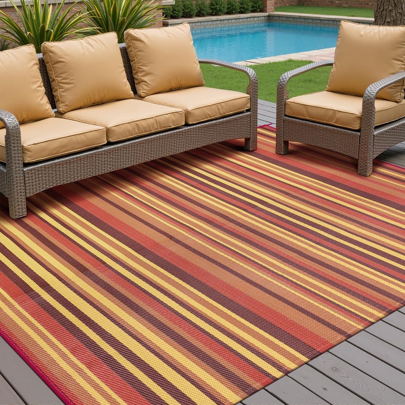 WondRg Outdoor Plastic Straw Rug Waterproof Patio 5x8 Red Orange Stripe Mat for Porch Camping RV Balcony Deck Courtyard Reversible Lightweight Durable Portable Carpet - Image 3