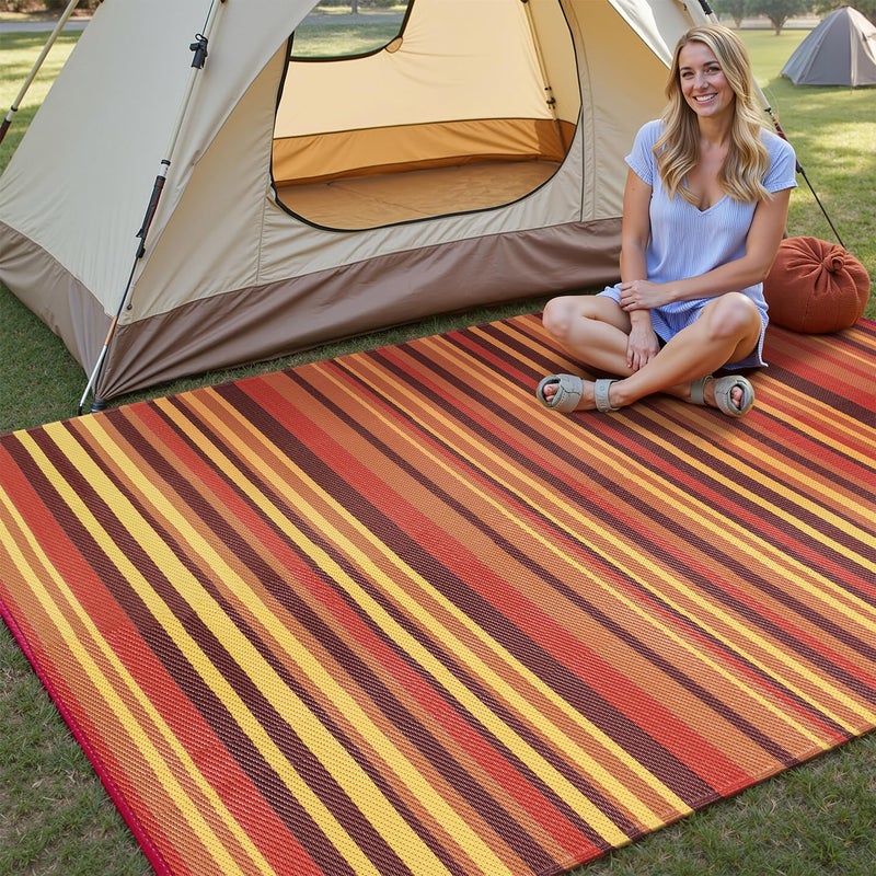 WondRg Outdoor Plastic Straw Rug Waterproof Patio 5x8 Red Orange Stripe Mat for Porch Camping RV Balcony Deck Courtyard Reversible Lightweight Durable Portable Carpet - Image 2