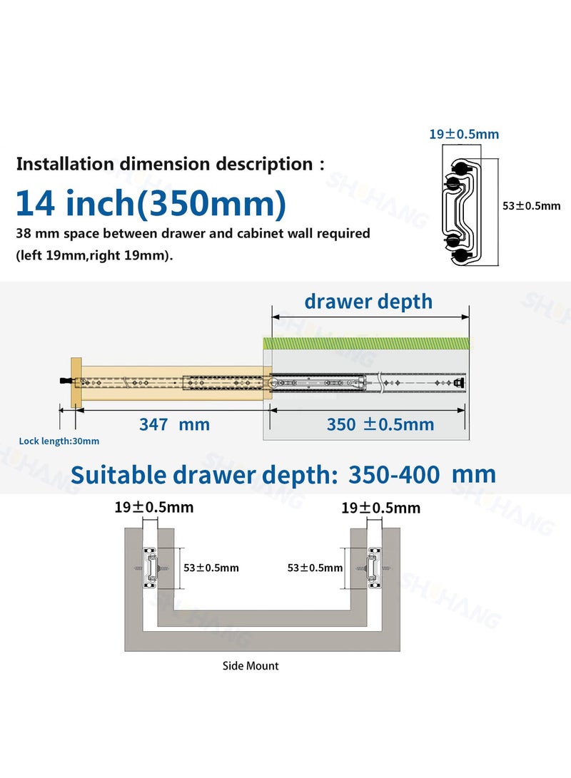 SYOSI Push to Open Drawer Runners Heavy Duty Drawer Runners Full Extension 350mm Side Mount Ball Bearing Kitchen Cabinet Slides Rails Replacement Heavy Duty 120kg Load Capacity 1 Pair - Image 3