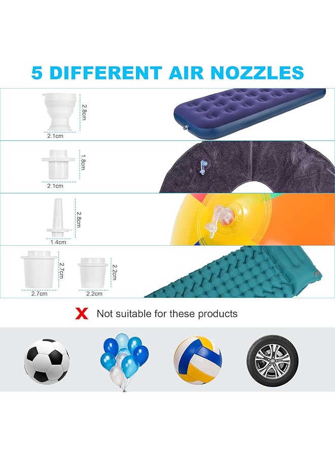 Excefore Electric Mini Air Pump Portable Air Pump With 5 Nozzles Camping Light 1360Mah Battery Usb Rechargeable Quick Fill Deflate & Inflate Pump For Airbed Pump Swimming Pool Camping Accessories - Image 5