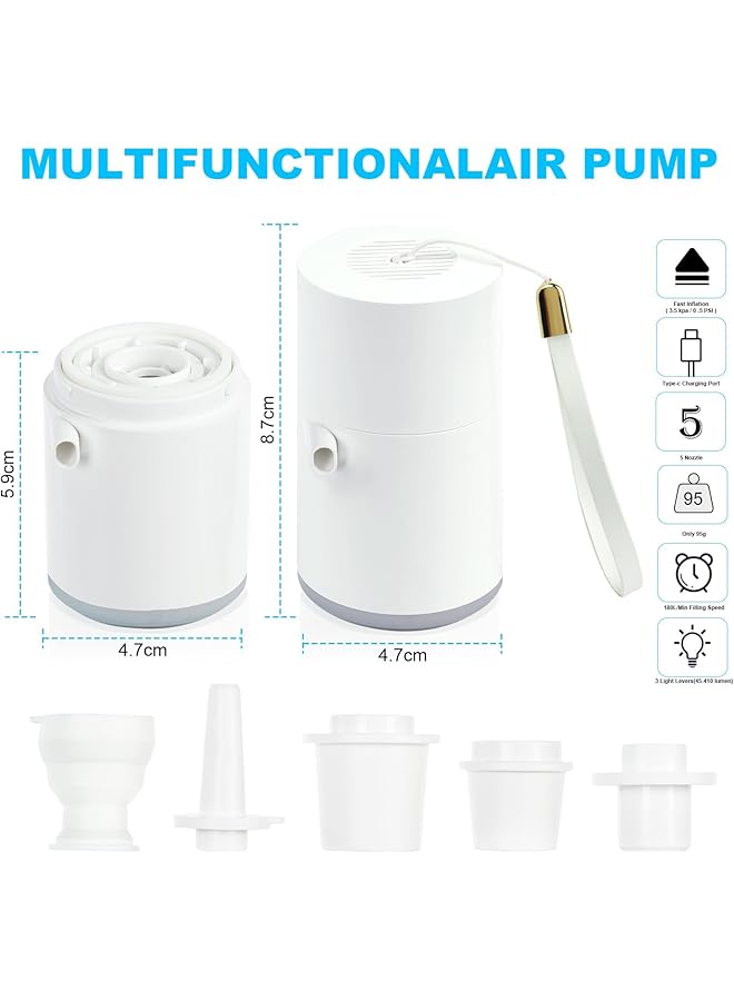 Excefore Electric Mini Air Pump Portable Air Pump With 5 Nozzles Camping Light 1360Mah Battery Usb Rechargeable Quick Fill Deflate & Inflate Pump For Airbed Pump Swimming Pool Camping Accessories - Image 2