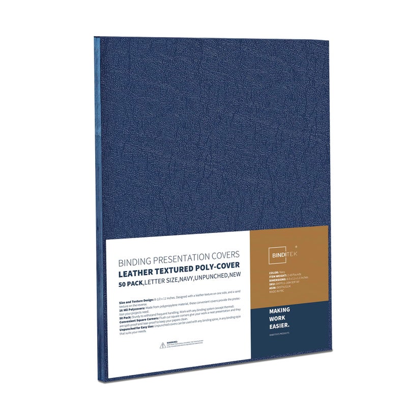 Binditek 50 Pack 16 Mil Leather-Textured Heavyduty Polycovers, Letter Size, Plastic Binding Presentation Back Covers, 8-1/2 x 11", Square Corners, Unpunched, Navy - Image 1