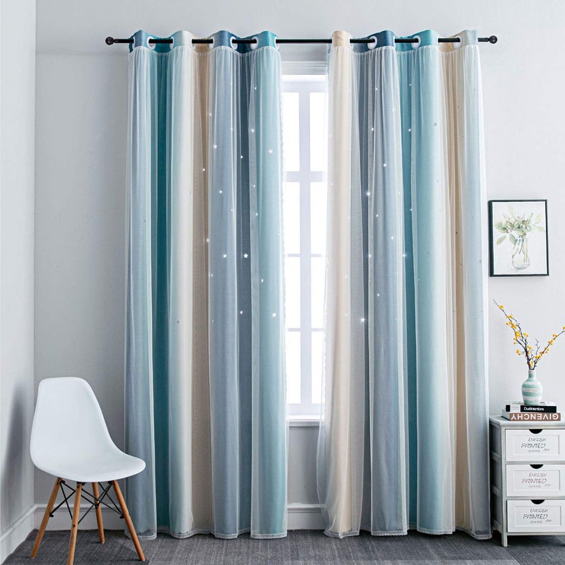 FANLI Ombre Rainbow Blackout Curtains for Kid Girls Bedroom Living Room Darking Stripe Double Layer Star Cut Out Wall Home Decor Gradient Grommet Window Curtains BlueYellow 52W x 63L