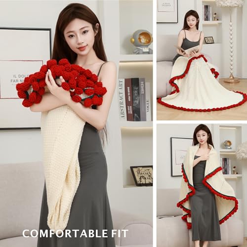 Celiseaya Decorative Knit Throw Blanket with Red Rose Border, White Wearable Shawl for Women (Red, 110cm) - Image 2