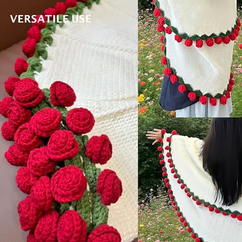 Celiseaya Decorative Knit Throw Blanket with Red Rose Border, White Wearable Shawl for Women (Red, 110cm) - Image 3