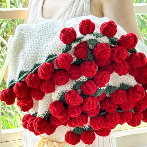 Celiseaya Decorative Knit Throw Blanket with Red Rose Border, White Wearable Shawl for Women (Red, 110cm) - Image 5