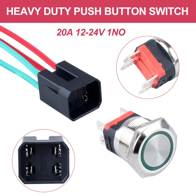 DMWD 22mm Heavy Duty Latching Metal Push Button Switch Waterproof Large Current 20Amp 12V-24V ON-OFF 2NO 4 Pins with Pre-wired Harness (Halo Ring Green LED) - Image 3