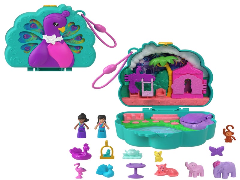 Polly Pocket Dolls and Play Set, Peacock Garden Box, Travel Toy with 2 Small Dolls and Animals, Accessories for Animals, HWN97 - Image 1