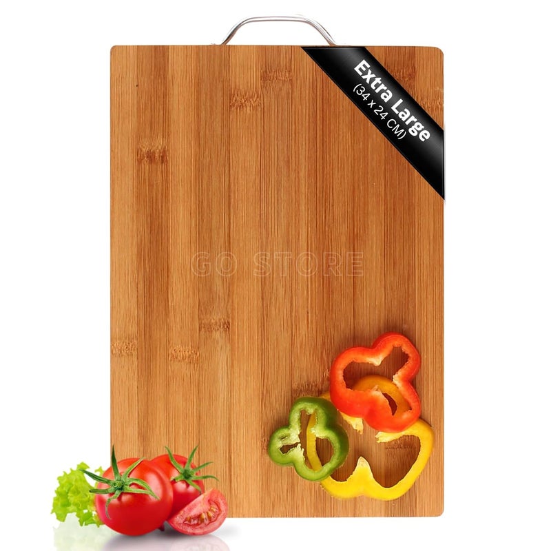 GO Store Extra Large Bamboo Wooden Chopping Board (34 X 24 CM, 1.8 CM Thickness) Comes with Metal Handle, Vegetable Cutting Board for Kitchen Items, Eco-Friendly, Anti-Microbial - Image 1