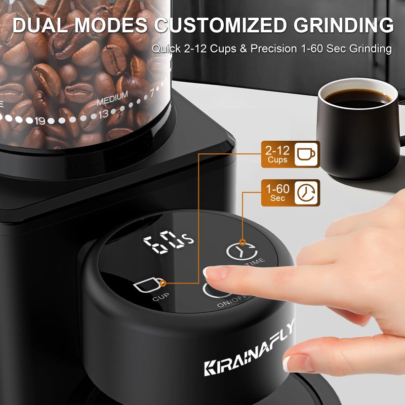 KIRAINAFLY Conical Burr Coffee Grinder, Electric Coffee Bean Grinder with 25 Precise Grind Settings for Espresso/Drip/French Press, Smart Touch Control, Anti-static, Black - Image 4