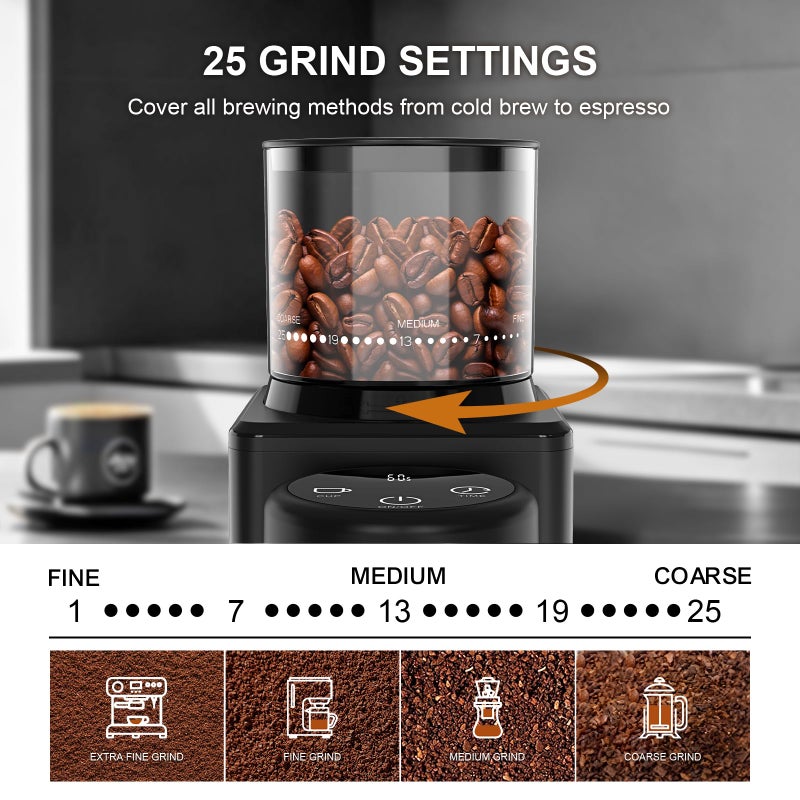 KIRAINAFLY Conical Burr Coffee Grinder, Electric Coffee Bean Grinder with 25 Precise Grind Settings for Espresso/Drip/French Press, Smart Touch Control, Anti-static, Black - Image 3