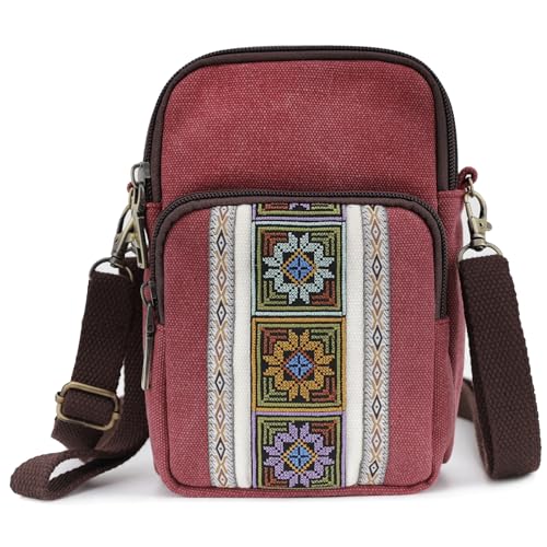 SILKAREA Women Canvas Cell Phone Purse Crossbody Bag Embroidered Small Shoulder Bags Handbags Credit Card Wallet Pouch (Wine Red) - Image 1