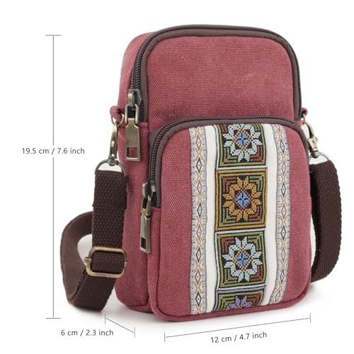 SILKAREA Women Canvas Cell Phone Purse Crossbody Bag Embroidered Small Shoulder Bags Handbags Credit Card Wallet Pouch (Wine Red) - Image 3